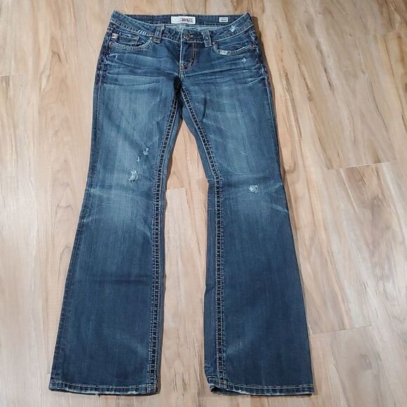 💜MEK Blue Zanzibar Distressed Boot Cut Jeans Size 6/28 - Picture 2 of 14